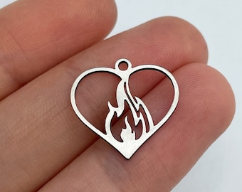 6pcs Stainless Steel Heart on Fire Charm, Flaming Heart Charm Pendant, Love Charm, Burning Fire Heart Laser Cut Jewelry Supplies STL-3283