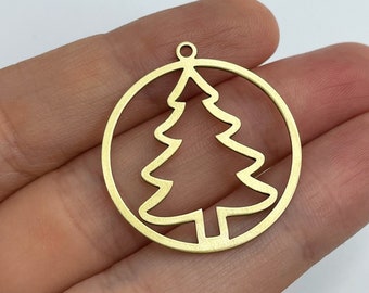 2pcs Raw Brass Christmas Tree Charm, Round Christmas Tree Charm Pendant, Christmas Charms, Brass Findings Laser Cut Jewelry Supplies RW-1372