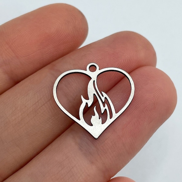 6pcs Stainless Steel Heart on Fire Charm, Flaming Heart Charm Pendant, Love Charm, Burning Fire Heart Laser Cut Jewelry Supplies STL-3283