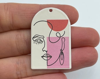2pcs Colored Stainless Steel Domed Abstract Face Charm, Woman Face Charm, Face Pendant, Earring Charms, Jewelry Making Supplies PTD-1014