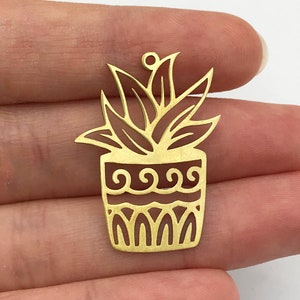 2pcs Raw Brass Potted Plant Leaf Charm, Geometric Plant Pendant, Succulent Charm, Plant Earring Findings Laser Cut Jewelry Supplies RW-1041