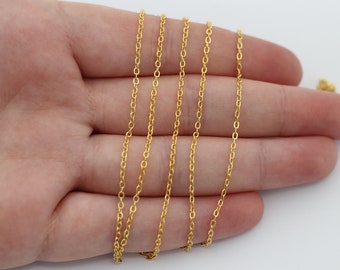 3,3 Foot 24K Shiny Gold Plated Tiny Cable Chain, Gold Oval Link Chain, Gold Plated Flat Rolo Chains, Thin Necklace Chain, Bulk Chain