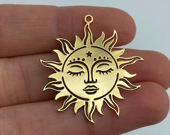 Shiny Gold Plated Sun Charm, Gold Sun Face Charm, Tribal Sun Charm for Jewelry Making, Celestial Sun, Laser Cut Jewelry Supplies GLD-1336