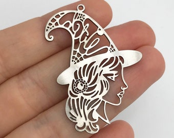 Stainless Steel Witch Charm, Witch Pendant, Witch Hat Charm, Witch Girl Face Charm, Witch Jewelry, Laser Cut Jewelry Supplies STL-3183