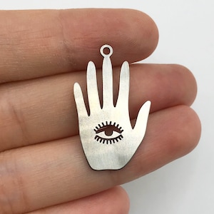 6pcs Stainless Steel Hand with Third Eye Charm, Hand Evil Eye Charm Pendant, Palmistry Hand Charm, Laser Cut Jewelry Supplies STL-3299