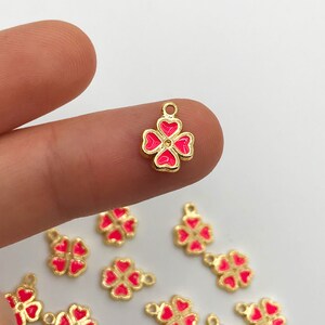 3pcs Shiny Gold Plated Neon Enamel Four Leaf Clover Charm, Neon Pink Tiny Clover Heart Charm Pendant, Enamel Charms Jewelry Making