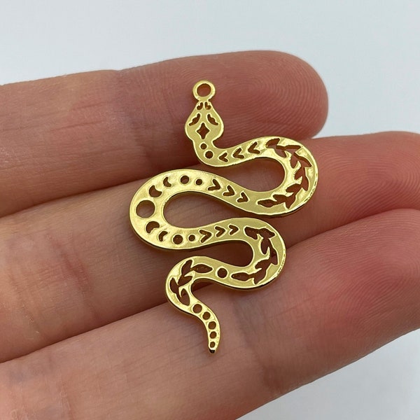 Shiny Gold Plated Snake Charm, Snake Pendant, Gold Snake Earring Charm, Moon Phases on Snake Charm, Laser Cut Jewelry Supplies GLD-1184