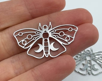 Rhodium Plated Moth Charm, Moth Pendant, Crescent Moon on Moth Charm, Steel Butterfly Charm Pendant, Laser Cut Jewelry Supplies RD-3317