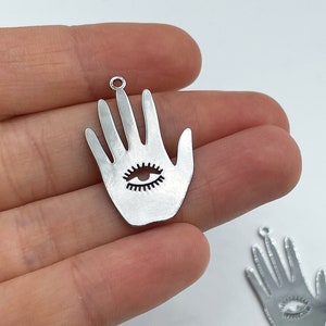 Rhodium Plated Hand Charm, Hand Pendant, Hamsa Charm, Evil Eye Charm Pendant, Palmistry Hand Charm, Laser Cut Jewelry Supplies GLD-3299