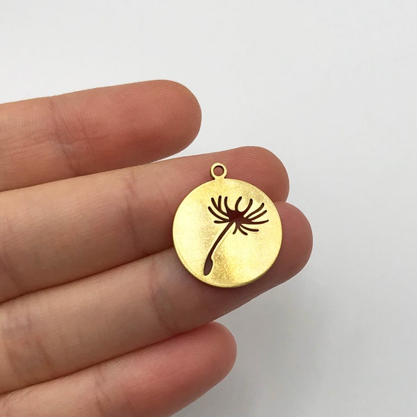 6pcs Raw Brass Dandelion Charm, Dandelion Necklace Earring Pendant, Round Disc Flower Charm, Laser Cut Jewelry Making Supplies RW-1279