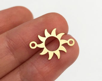 6pcs Raw Brass Sun Connector Bracelet Charm Pendant, Laser Cut Sun Connector With 2 Loops, Brass Sunny Connector Celestial Charms RW-1142