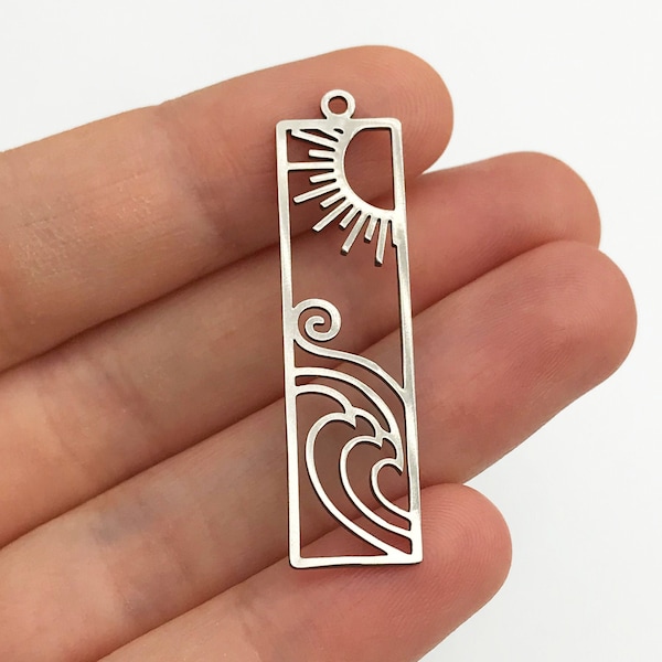 2pcs Stainless Steel Sun and Waves Bar Charm Pendant, Rectangle Sun and Breeze Earring Bar Charm, Laser Cut Jewelry Supplies STL-3117