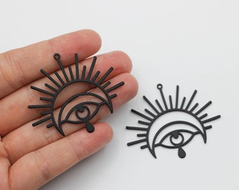 Black Plated Sun Crescent Moon Eye Teardrop Charm Pendant, Stainless Steel Sun and Moon Charms, Celestial Findings for Jewelry Making P-1006