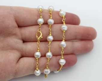Shiny Gold Plated Pearl Satellite Chain Necklace, Pearl Beaded Chains, Ready Chain, Gold Finished Chain