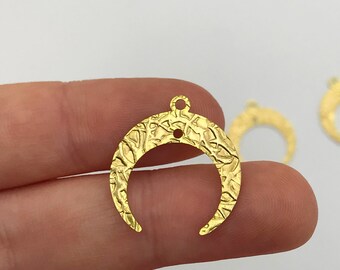 6pcs Raw Brass Hammered Textured Crescent Moon Connector Charm Pendant, 2 Hole Crescent Moon Geometric Connector Earring Findings RW-1098