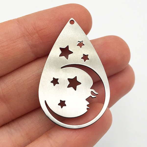 6pcs Stainless Steel Crescent Moon Face Charm Pendant, Drop Shaped Moon and Stars Face Earring Charm, Sky Charms, Celestial Jewelry STL-3072