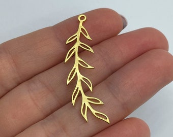 24K Shiny Gold Plated Olive Branch Charm, Branch Pendant, Leaf Charm, Leaf Pendant, Leaf Jewelry, Laser Cut Brass Jewelry Supplies GLD-1205