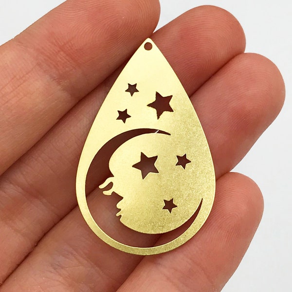 6pcs Raw Brass Crescent Moon Face Charm Pendant, Drop Shaped Moon and Stars Face Earring Charm, Sky Charms, Celestial Jewelry RW-1072