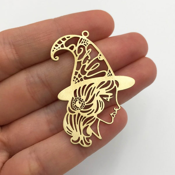 Raw Brass Witch Charm, Witch Pendant, Witch Hat Charm, Witch Girl Face Charm, Witch Jewelry, Laser Cut Jewelry Supplies RW-1183