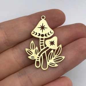 2pcs Raw Brass Mushroom Charm, Moon Phases Mushroom Pendant, Fairy Mushroom Charm, Brass Findings, Laser Cut Jewelry Supplies RW-1365