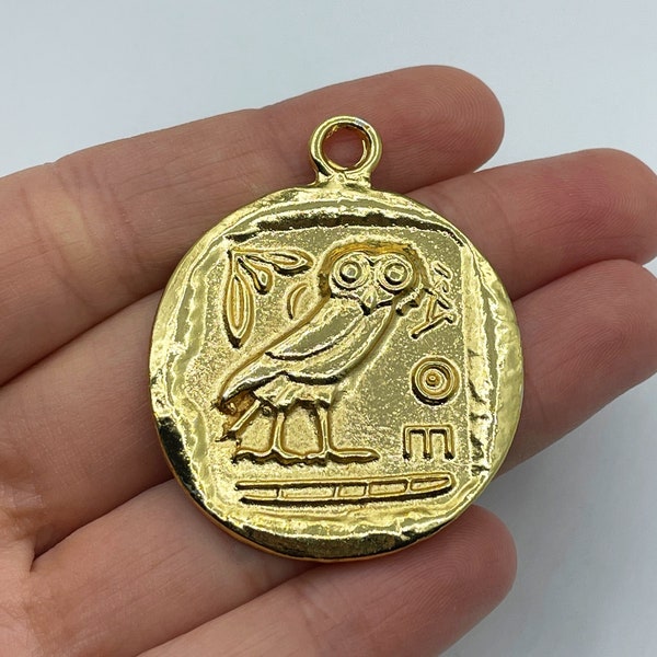 Gold Plated Athena Owl Pendant, Greek Coin Pendant, Goddess Athena Ancient Greek Coin Pendant, Gold Plated Coin Pendants GLD-1101