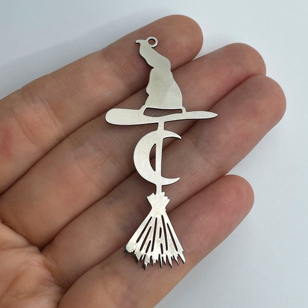 2pcs Stainless Steel Broom Charm Pendant, Witch Broom Broomstick Crescent Moon Hat Charm, Halloween Charms, Steel Jewelry Supplies STL-3572