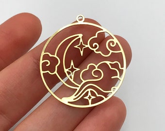 2 Stück Rohmessing Wolke Halbmond Sterne Ohrring Charm Anhänger, Runder Halbmond Wolke Wind Charm, Laser Cut Ohrringe RW-1095