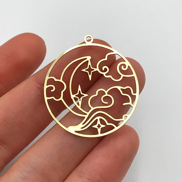 2pcs Raw Brass Cloud Crescent Moon Stars Earring Charm Pendant, Round Crescent Cloud Wind Charm, Laser Cut Earring Findings RW-1095