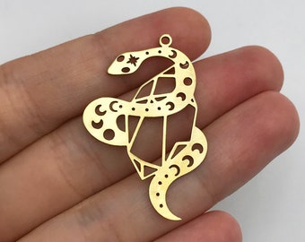 2pcs Raw Brass Snake Charm, Snake Pendant, Crystal Snake Moon Phases Charm ,Mystical Witchcraft Witchy Celestial Charms RW-1346