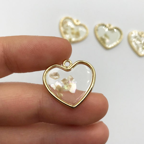 Shiny Gold Plated Heart Shaped Clear Epoxy Resin Charm, Pressed Mother of Pearl Epoxy Resin Pendant, Resin Charms, Jewelry Supplies GLD-1081