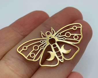 Shiny Gold Plated Moth Charm, Moth Pendant, Crescent Moon on Moth Charm, Brass Butterfly Charm Pendant, Laser Cut Jewelry Supplies GLD-1317