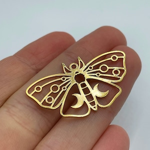 Shiny Gold Plated Moth Charm, Moth Pendant, Crescent Moon on Moth Charm, Brass Butterfly Charm Pendant, Laser Cut Jewelry Supplies GLD-1317