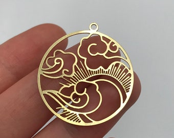 2pcs Raw Brass Cloud Sun Crescent Moon Earring Charm Pendant, Round Sun Moon Cloud Charm, Earring Findings, Laser Cut Jewelry RW-1096