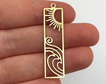 Pendentif 2pcs Raw Brass Sun and Waves Bar Charm, Rectangle Sun and Breeze Earring Bar Charm, Laser Cut Jewelry Supplies RW-1117