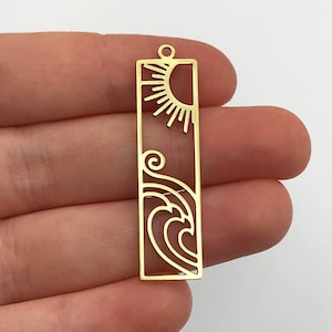 2pcs Raw Brass Sun and Waves Bar Charm Pendant, Rectangle Sun and Breeze Earring Bar Charm, Laser Cut Jewelry Supplies RW-1117