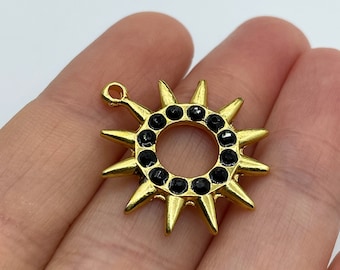 Gold Plated Sun Charm, Sun Pendant, Gold CZ Sun Charm, Black Zircon Sun Charm, Gold Findings, Gold Plated Jewelry Supplies