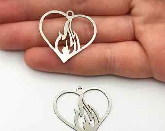 6pcs Stainless Steel Heart on Fire Necklace Pendant, Flaming Heart Charm, Sacred Heart, Love Charm, Burning Fire Heart Laser Cut STL-3043