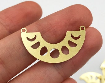 6pcs Raw Brass Semi Circle Moon Phases Connector Necklace Charm Pendant, Laser Cut Half Moon Phases Crescent Connector Charm RW-1097