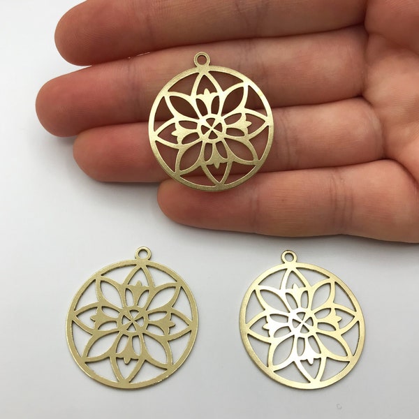 2 pcs Raw Brass Mandala Charm, Mandala Necklace Pendant, Floral Mandala Charm, Geometric Mystical Charm, Laser Cut Jewelry Charms RW-1034