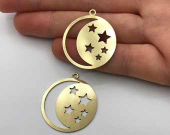 2 Stück Rohmessing Stern und Mond Halsketten-Anhänger, Stern Halbmond Charme, Messinganhänger, Laser-Schnitt-Messing-Charme Für Schmuckherstellung RW-1033