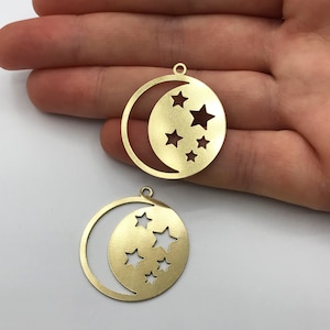 2pcs Raw Brass Star and Moon Necklace Pendant, Star Crescent Charm, Brass Pendants, Laser Cut Brass Charms For Jewelry Making RW-1033