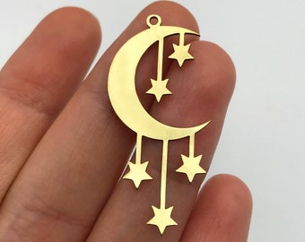 6pcs Raw Brass Crescent Moon and Stars Earring Charm Pendant, Geometric Moon Stars Charm, Laser Cut Celestial Earring Findings RW-1145