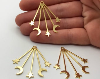 Shiny Gold Plated Crescent Moon and Stars Earring Charm Pendant, Moon and Stars Charm, Laser Cut Celestial Earring Findings GLD-1105