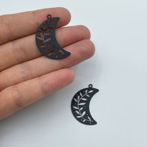 21x31mm Black Plated Crescent Moon Charm, Branch Leaf Charm, Steel Findings, Laser Cut Jewelry Components Black Plated Earring Charms P-1796