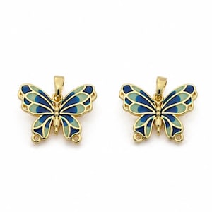 Colgante conector de ala de mariposa azul, dije de esmalte dorado, componente de joyería de doble lazo, material para hacer collares, inspirado en la naturaleza.