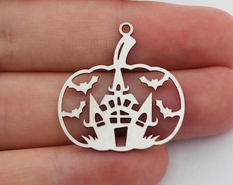 Steel Pumpkin Halloween Charm, Haunted Castle Spooky Charms, Halloween Jewelry, Steel Findings Earring Charms Supplies STL-4342