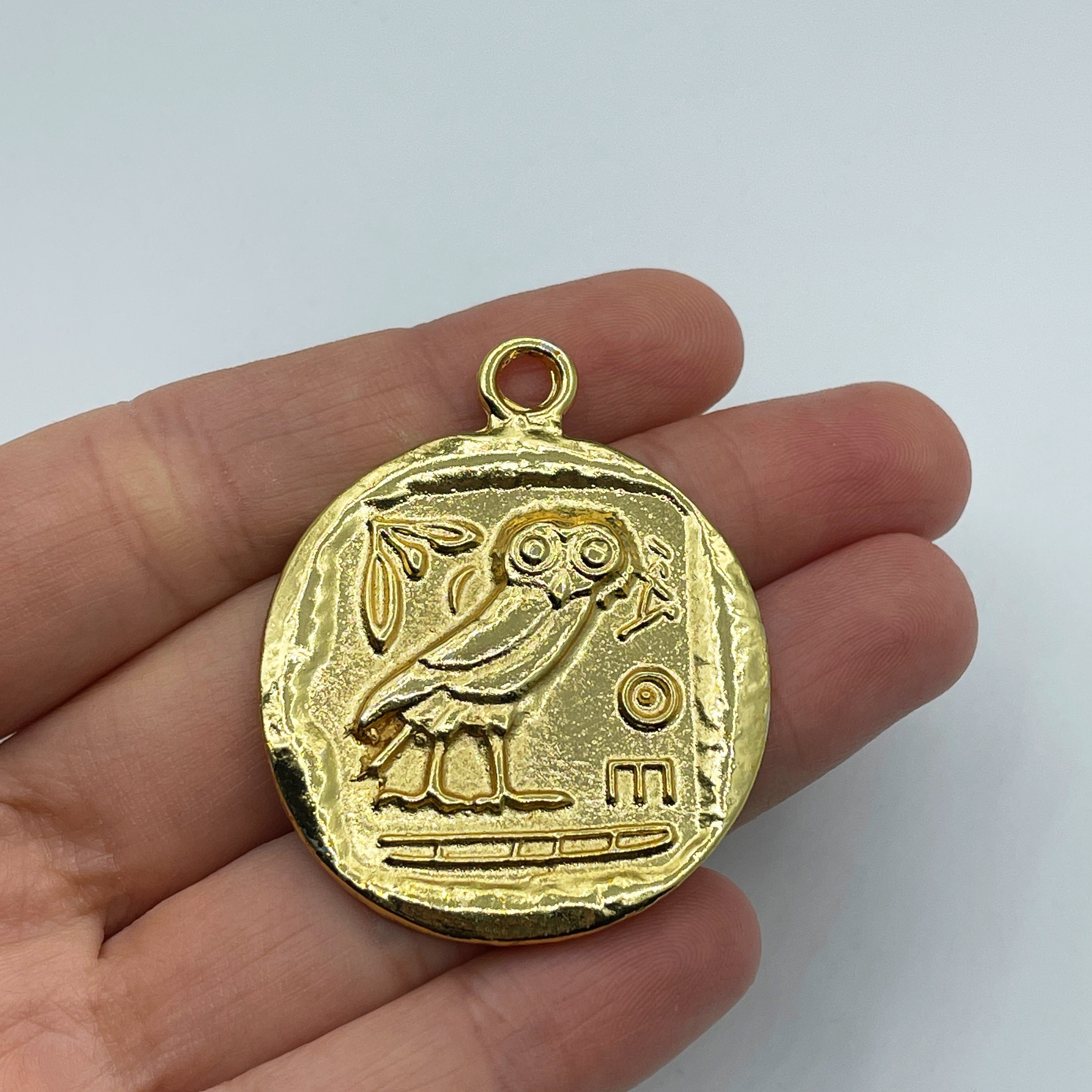 Gold Plated Athena Owl Pendant, Greek Coin Pendant, Goddess Athena Ancient Greek Coin Pendant, Gold 