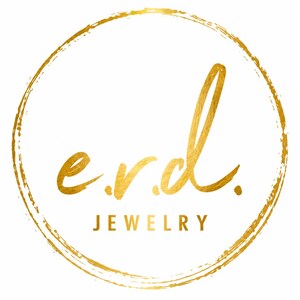 May include: A circular logo featuring a textured gold brushstroke border. Inside the circle, the lowercase letters e.r.d. are written in a gold script font, with the word JEWELRY printed in gold capital letters directly underneath the letters.