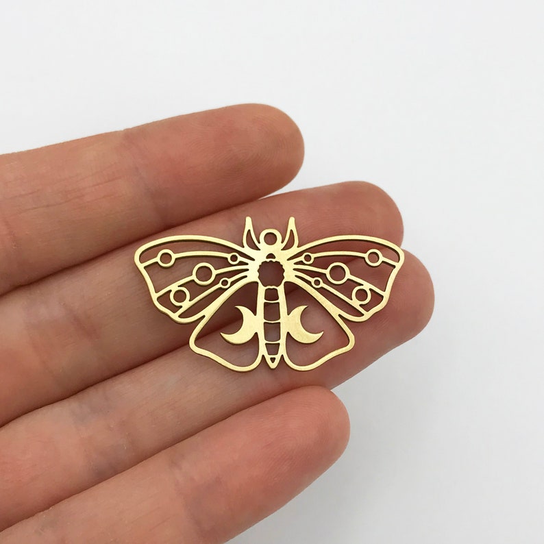2pcs Raw Brass Moth Charm, Moth Pendant, Crescent Moon on Moth Charm, Brass Butterfly Charm Pendant, Laser Cut Jewelry Supplies RW-1317 image 1