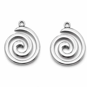 May include: Two silver-colored spiral pendants with a loop at the top for hanging. The pendants have a smooth, polished finish and a swirling design. The background is plain white.